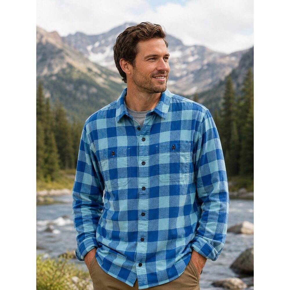 LL Bean Shirt Men Large Wicked Good Flannel Blue Plaid Slightly Fitted 508103